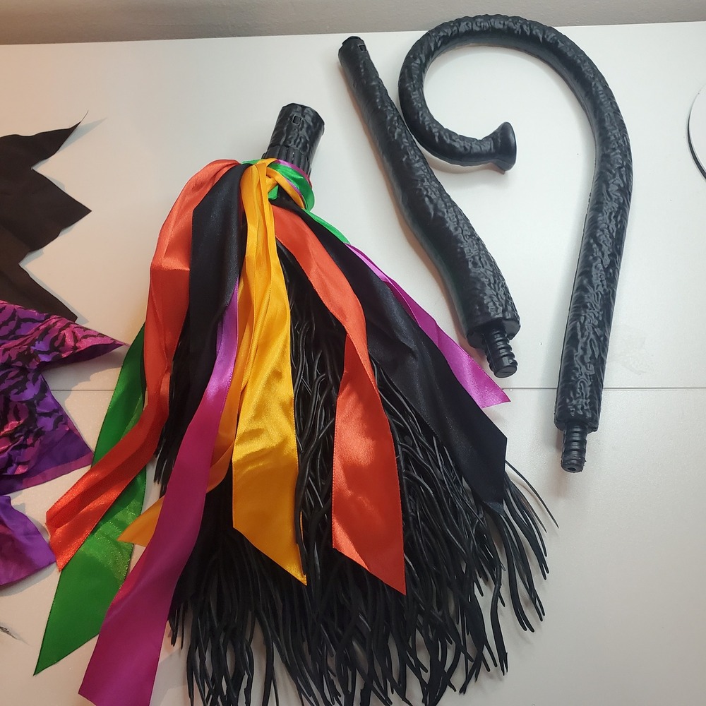 Kids Light Up Witch Costume Purple Black Bat Print Dress and Broomstick Set - Picture 5 of 14